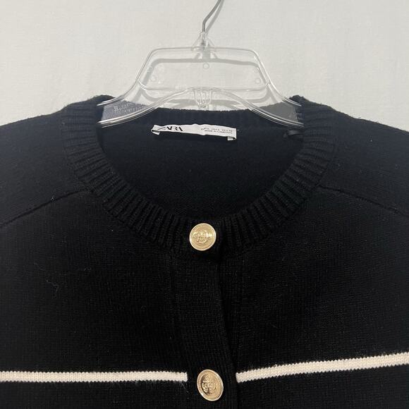 Zara Women's Lady Knit Cardigan Large Gold Buttons Black Ivory Striped Career - Picture 2 of 11